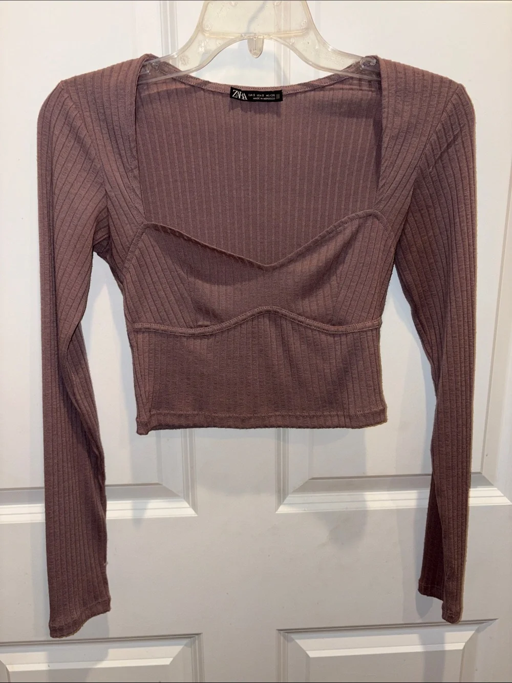 Zara Mauve Ribbed Long-Sleeve Cropped Top